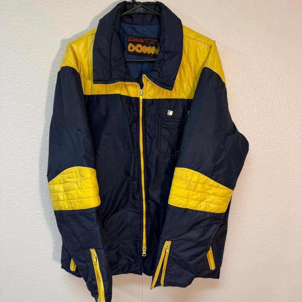 Sportcaster Down Jacket Size L Navy Yellow Vintage Ski Puffer 70s